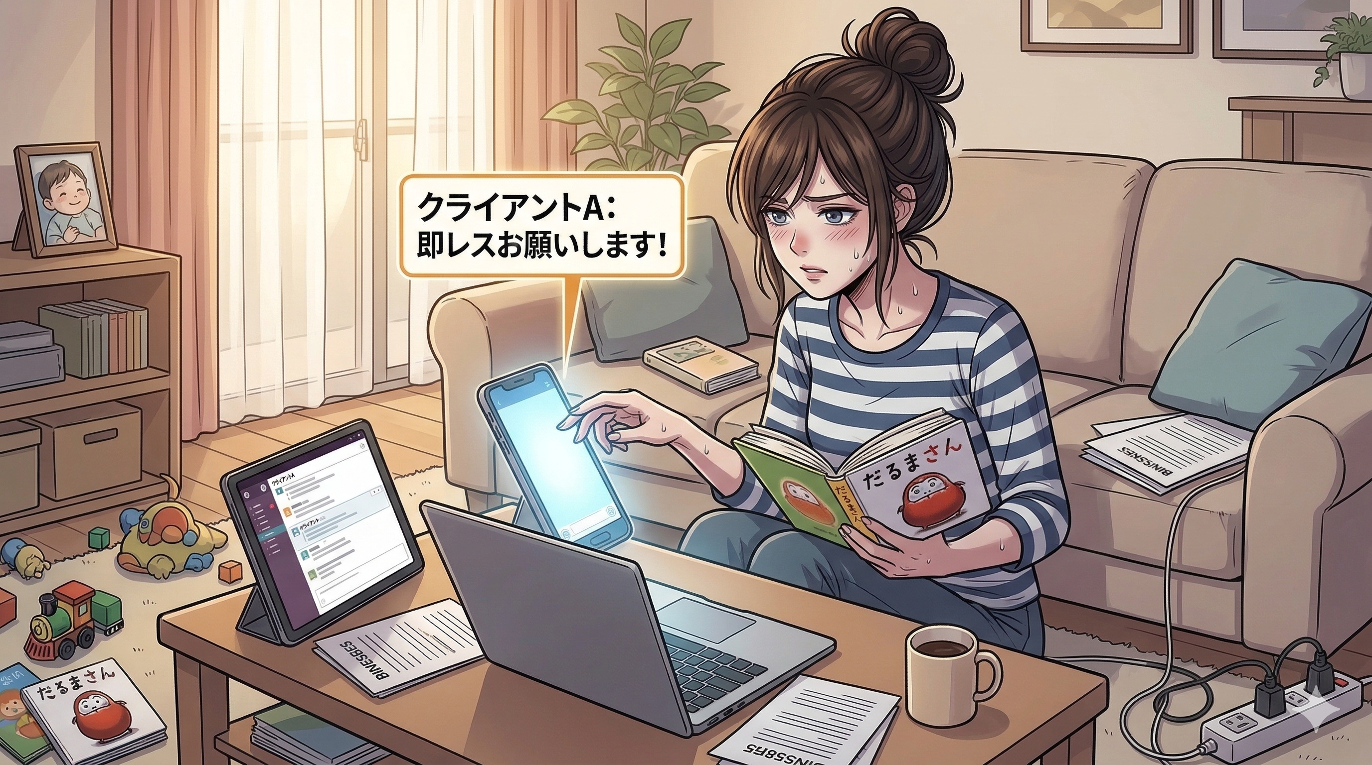 子供の絵本を読みながら、クライアントに返信する女性