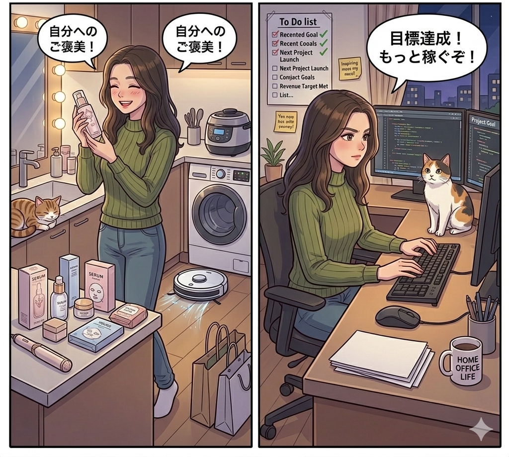 自分へのご褒美と仕事に精を出す女性のイラスト