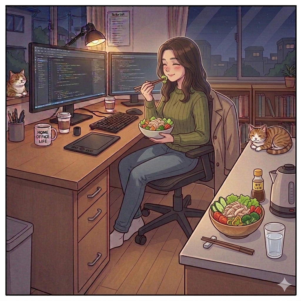 サラダチキンを食べる女性のイラスト