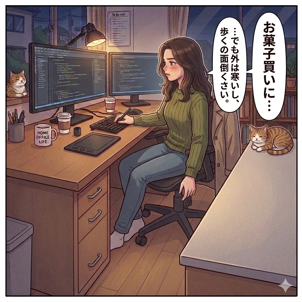 お菓子が切れて、コンビニに買いに行こうとする女性のイラスト