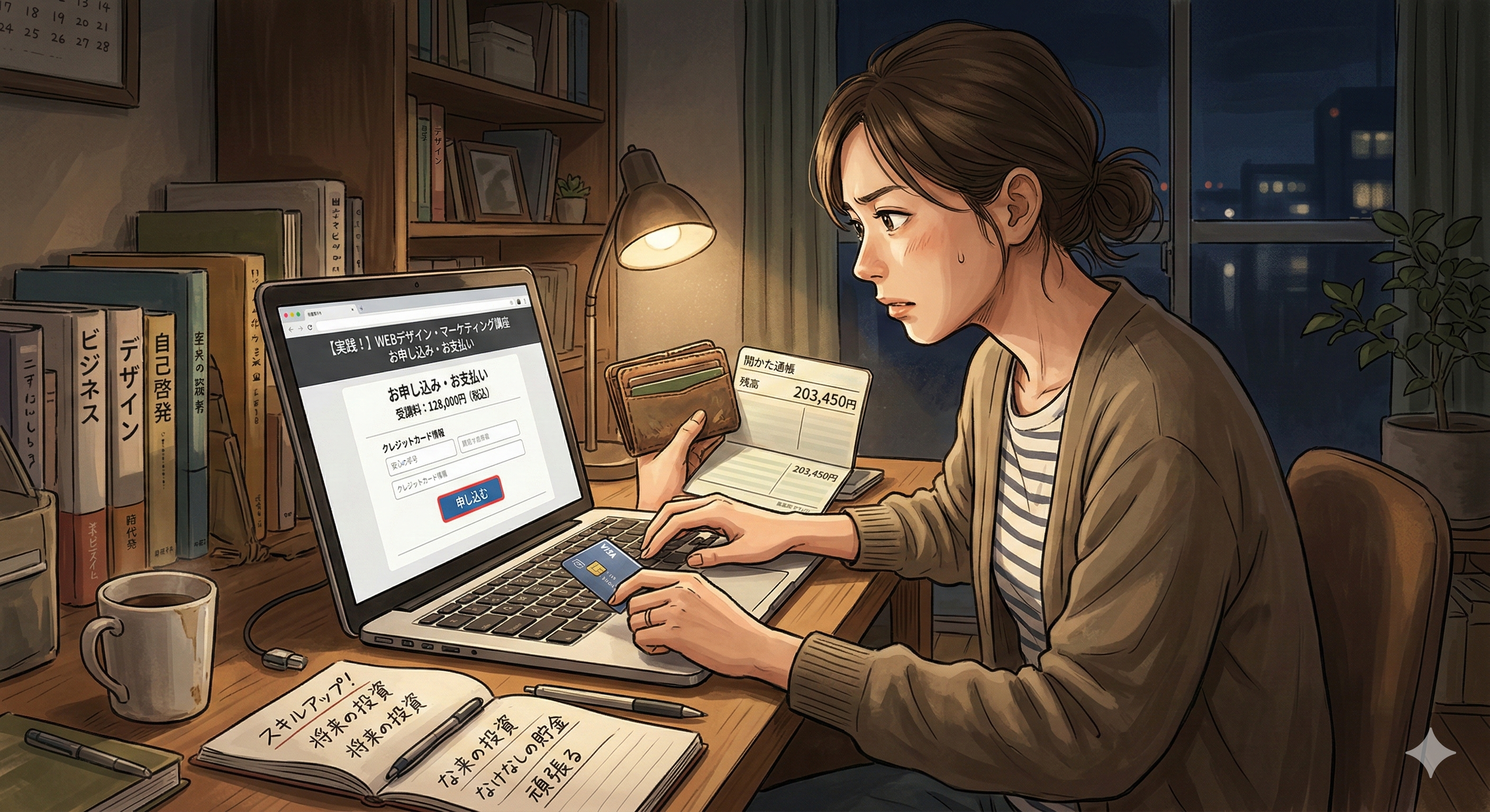 オンライン講座に投資しようとする女性のイラスト