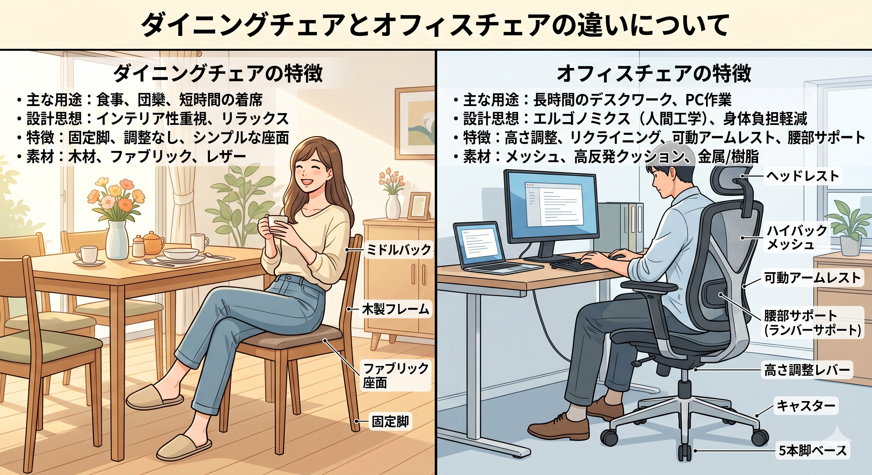 ダイニングチェアとオフィスチェアの違い画像