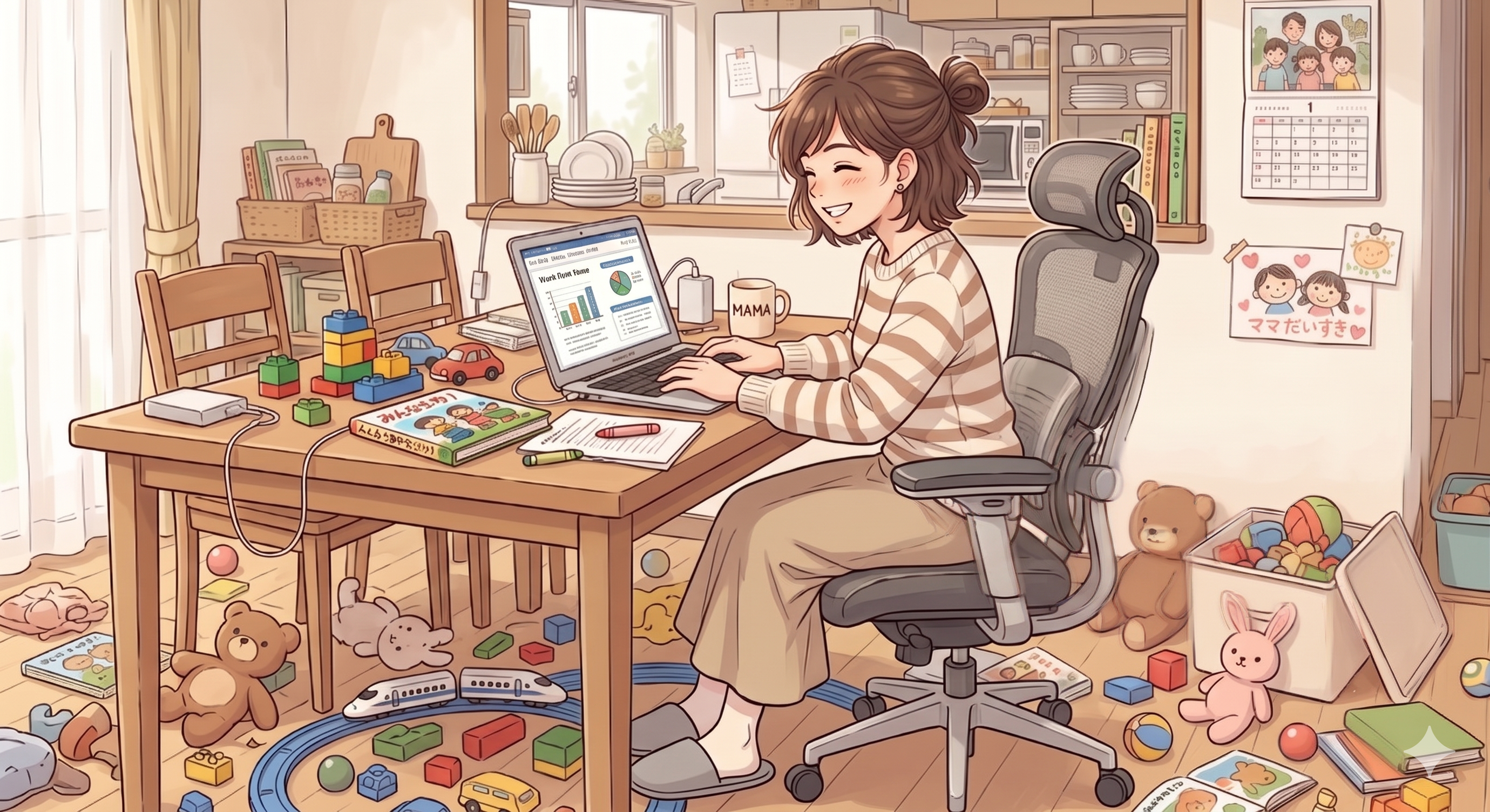 オフィスチェアで楽々仕事をする女性