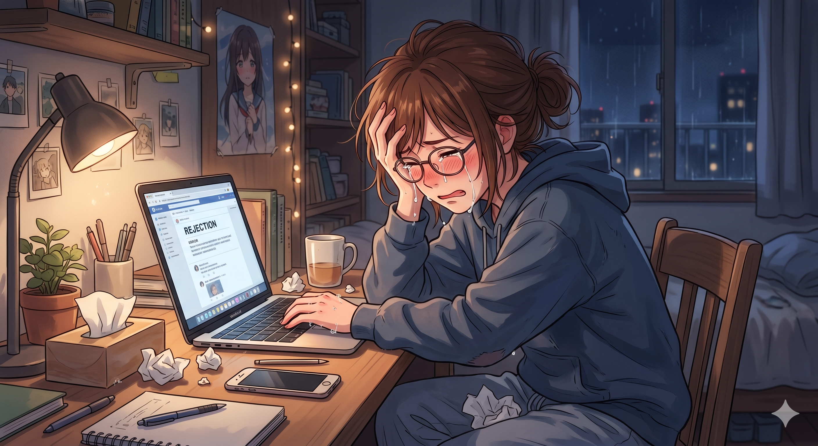 パソコンの前で泣く女性