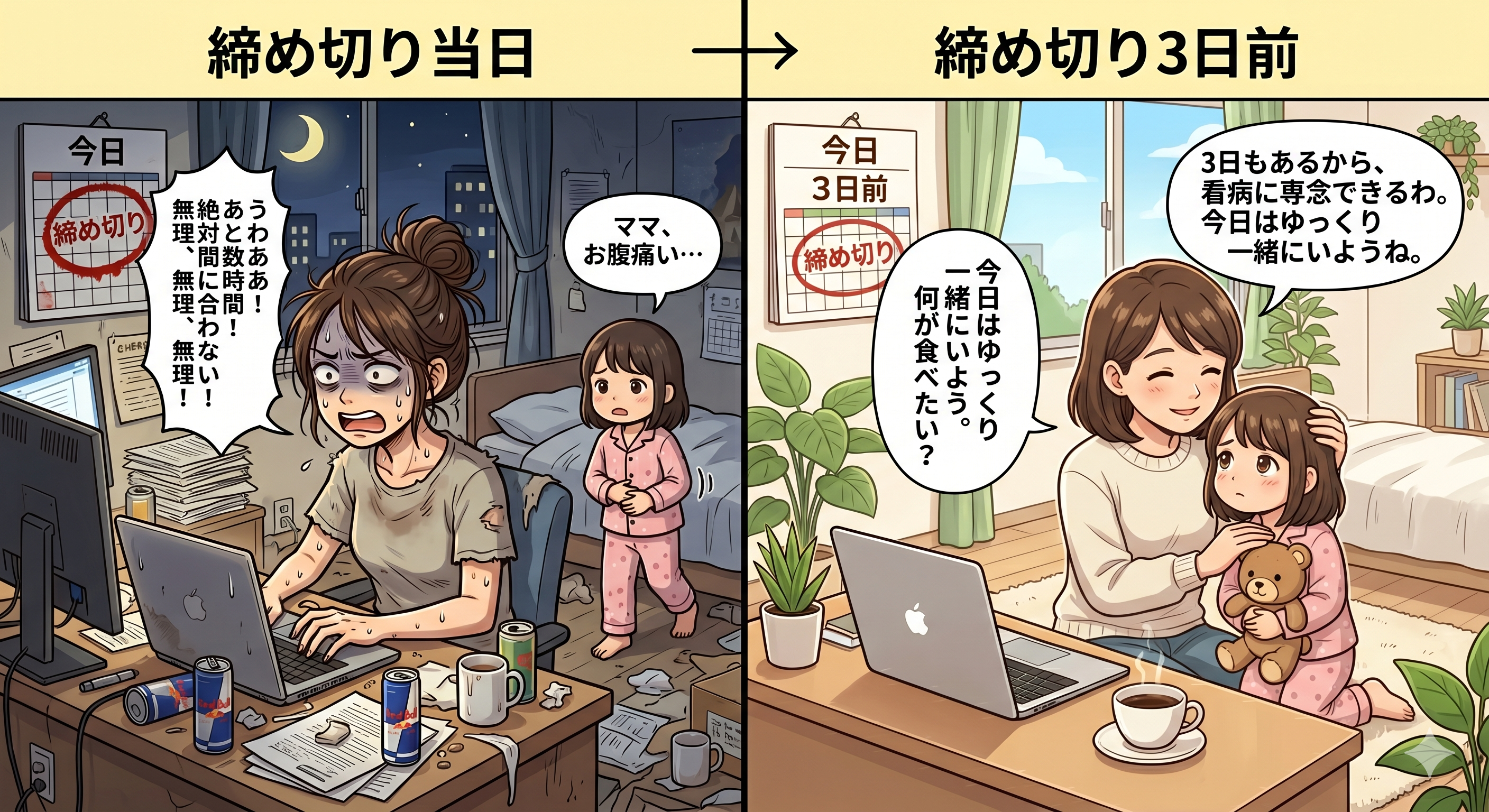 締め切りに追われる様子と締め切りに余裕を持つ様子