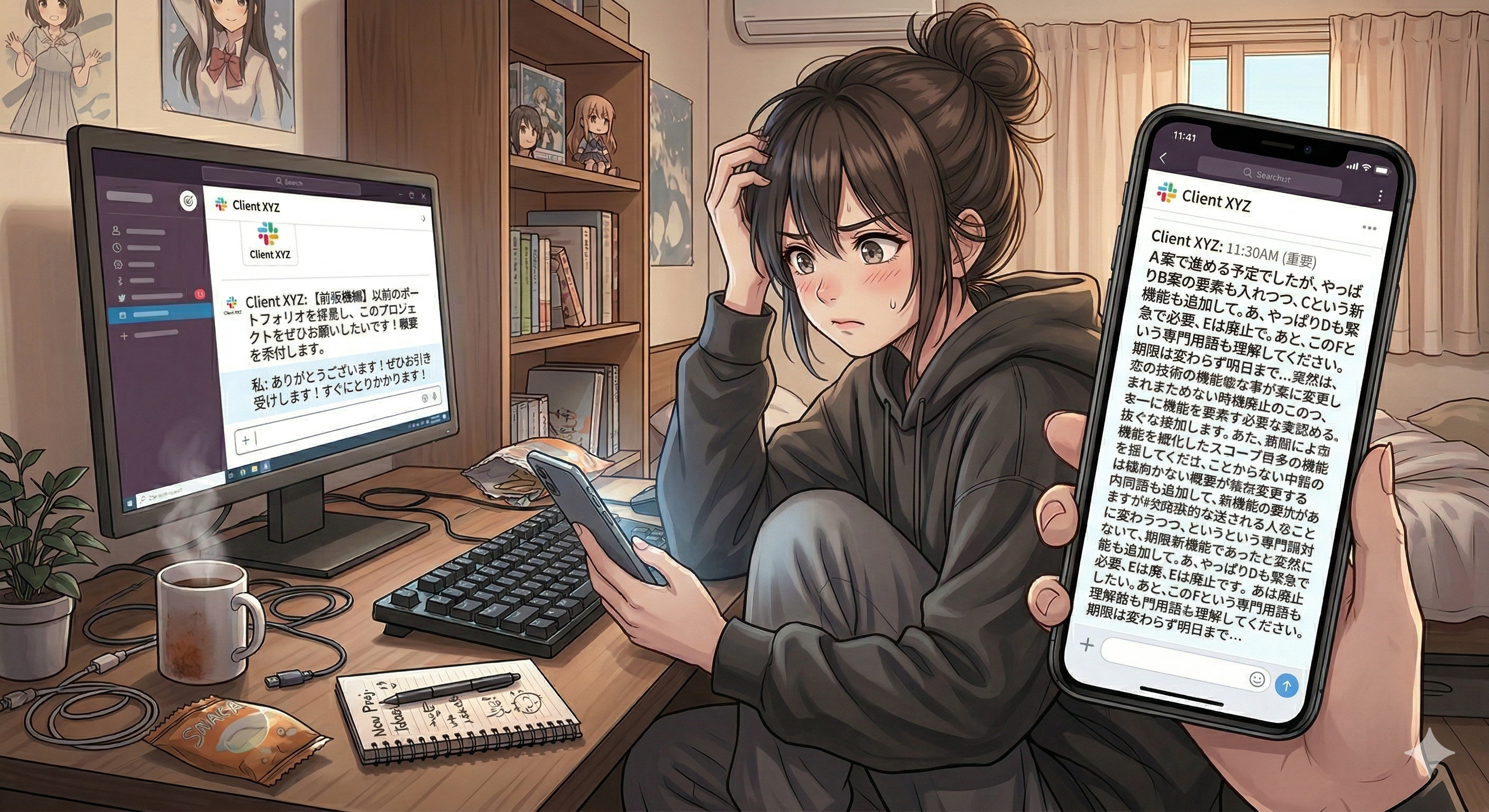 チャットの長文指示に困惑する在宅ワーカー