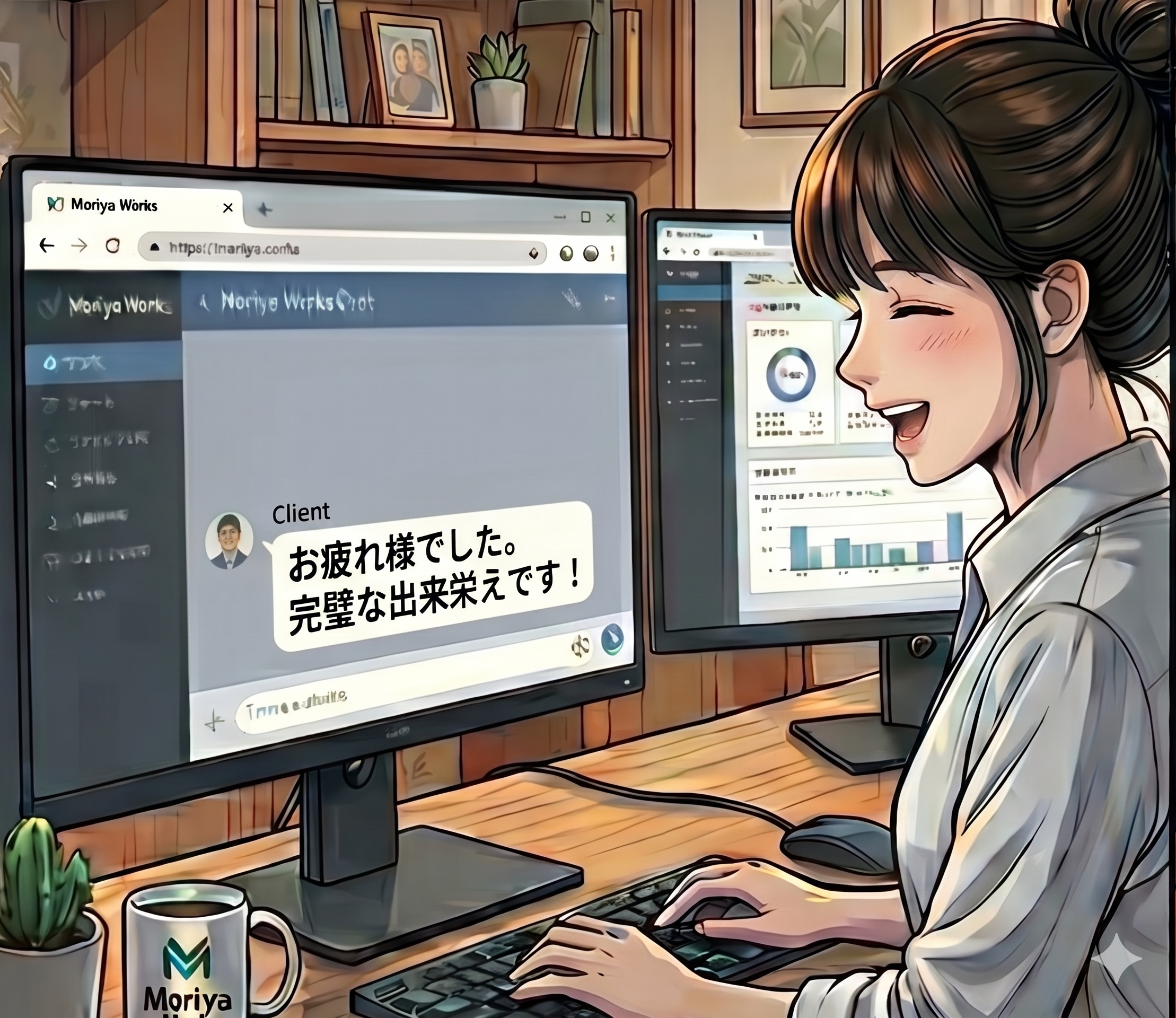 検収完了の様子を見て喜ぶ女性