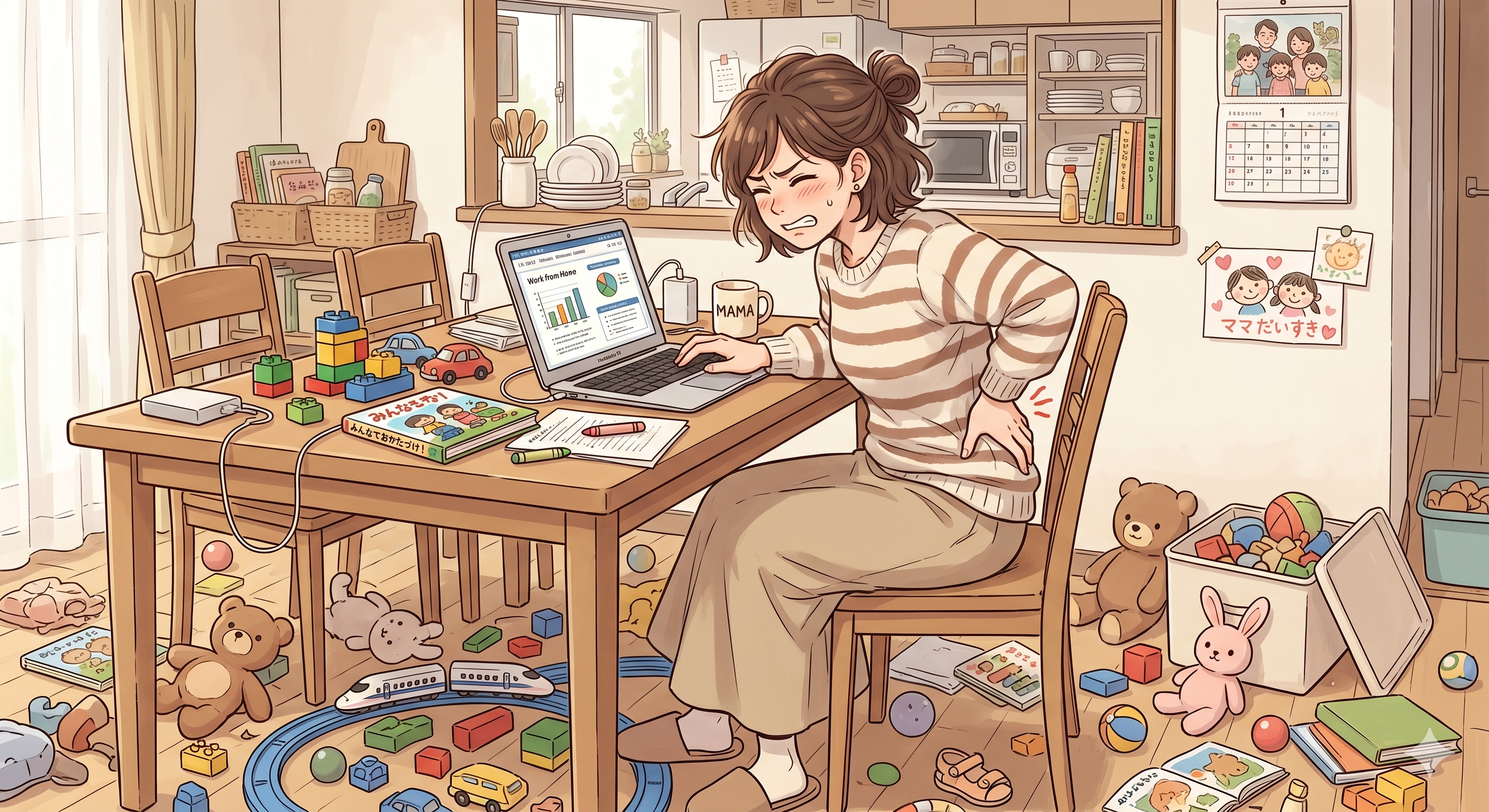 ダイニングチェアで作業し腰痛に悩む在宅ワーカーの女性