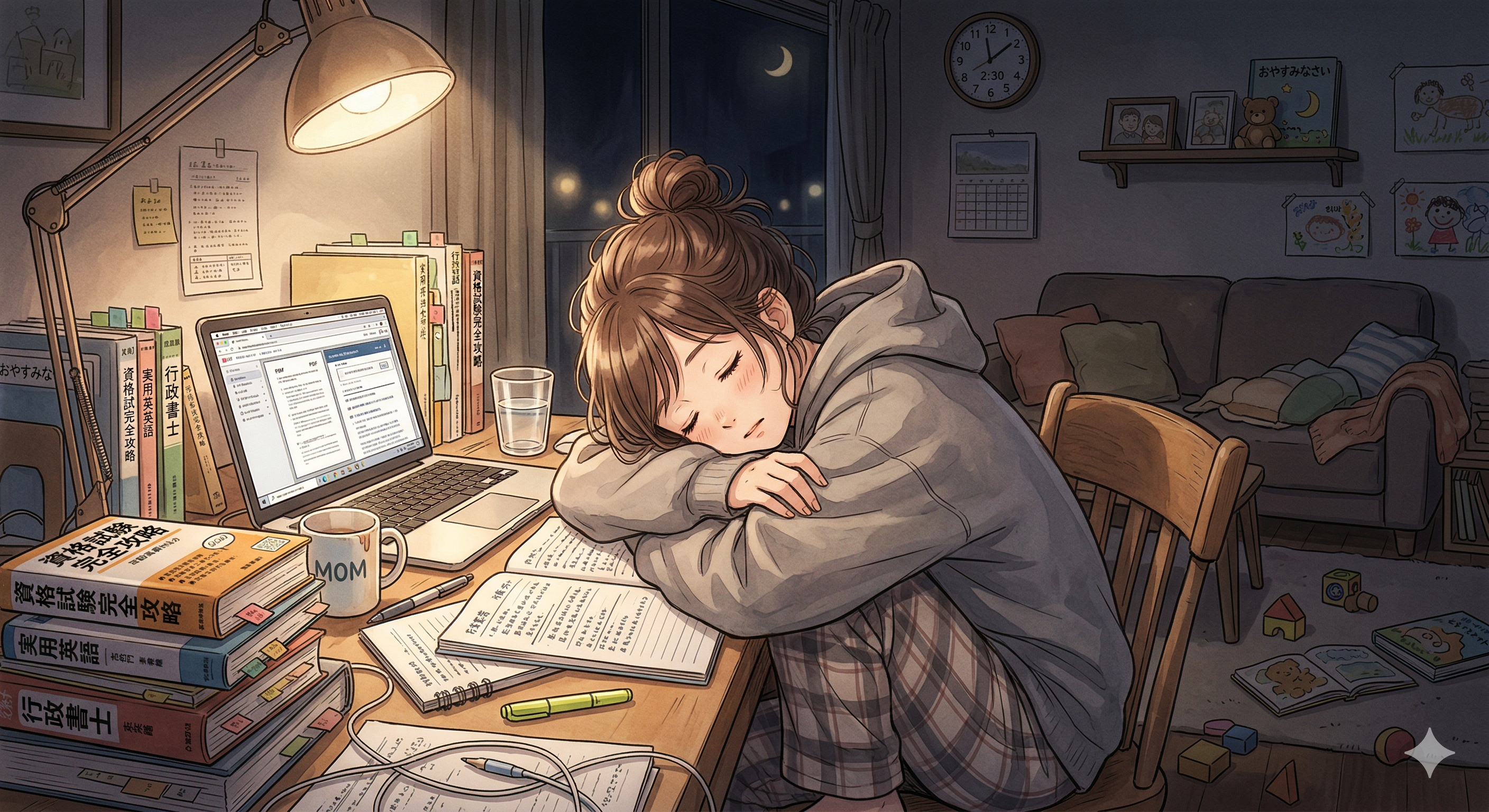 副業の勉強に疲れ果てたママワーカーの様子