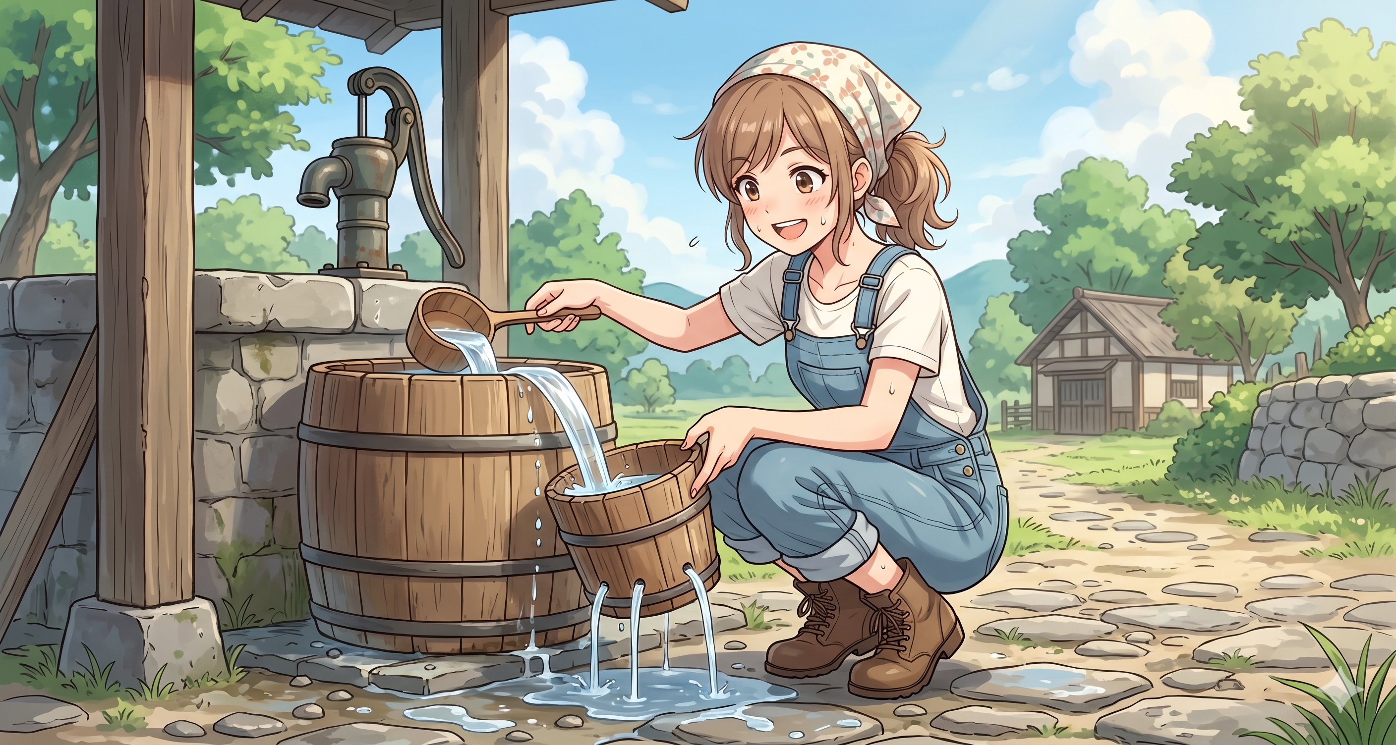 穴の空いたバケツに水を汲む女性