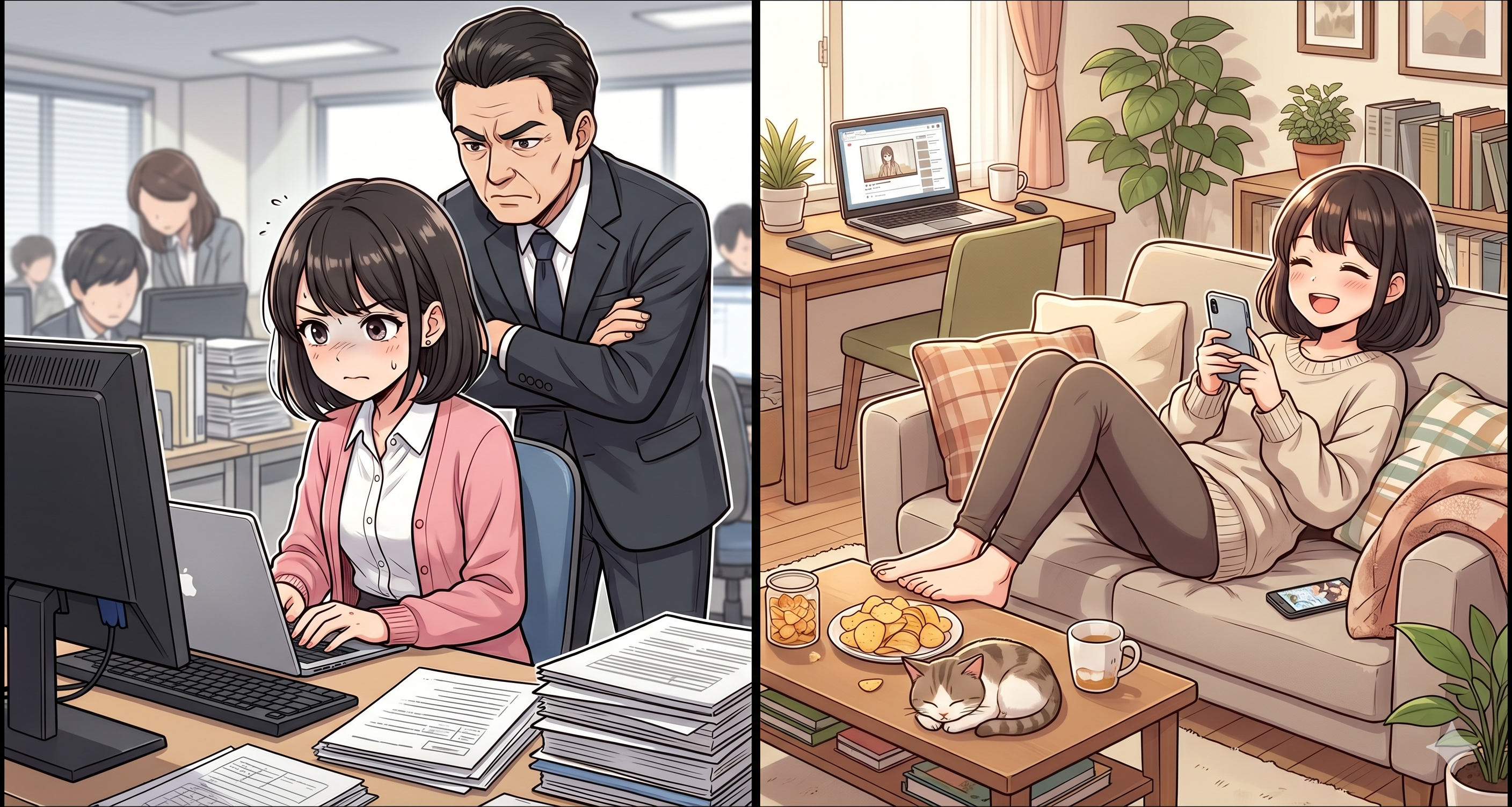 会社員時代と在宅時代の女性のイラスト