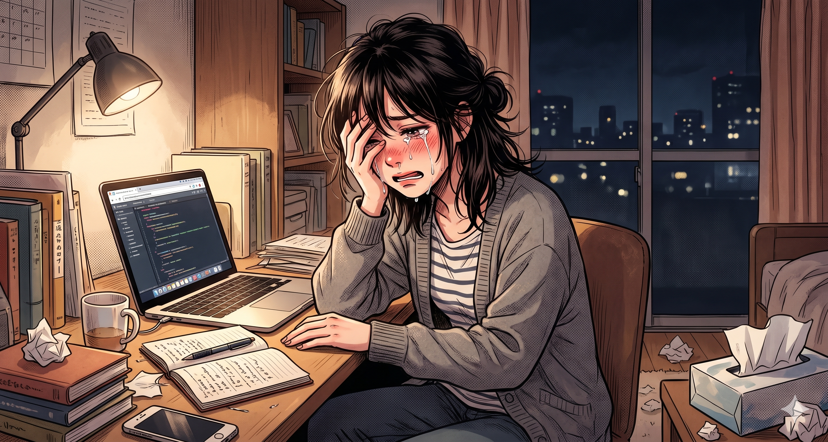 暗い部屋で一人泣く女性