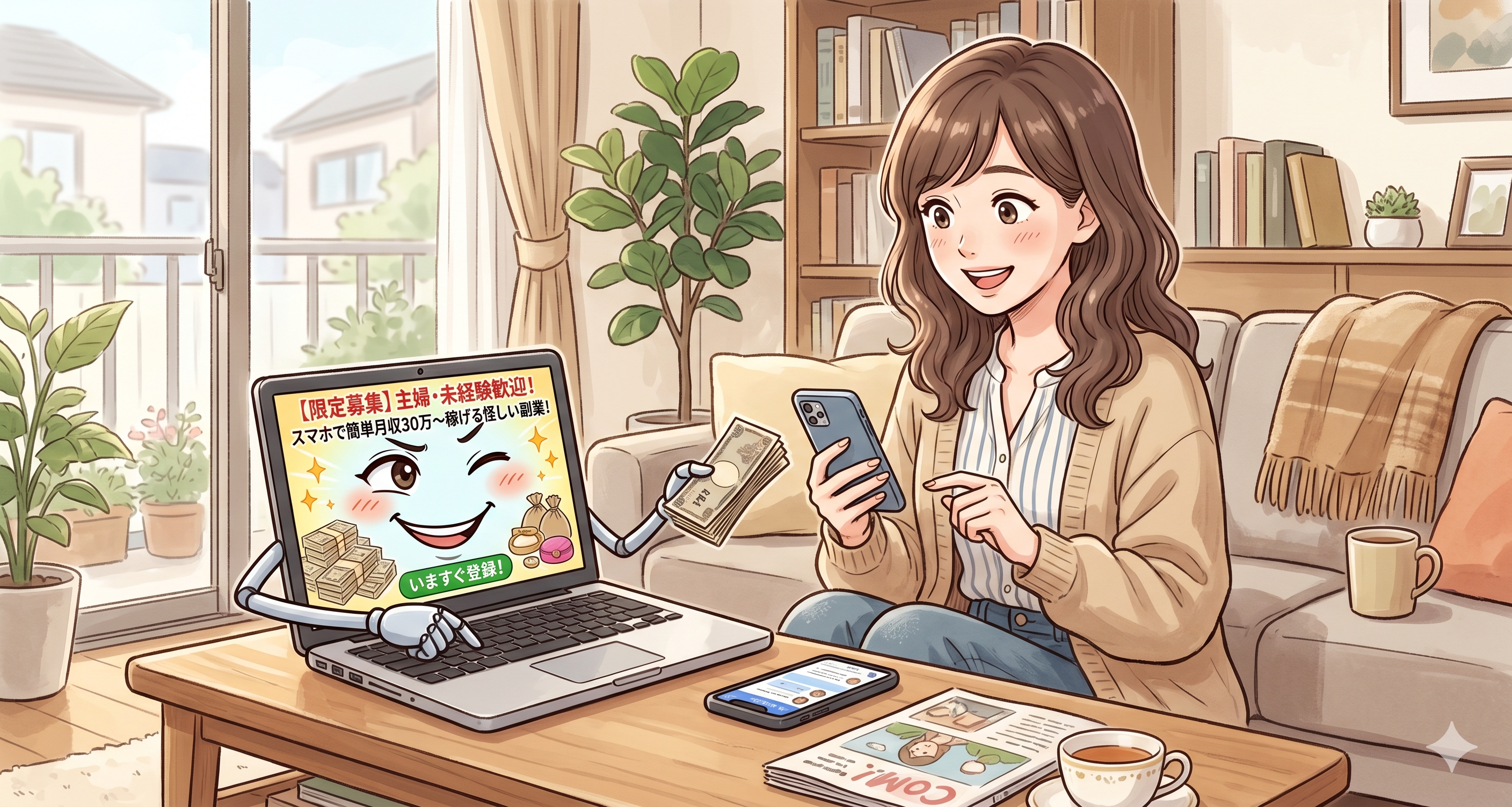 女性を怪しい副業案件に誘おうとする擬人化されたパソコンの画像