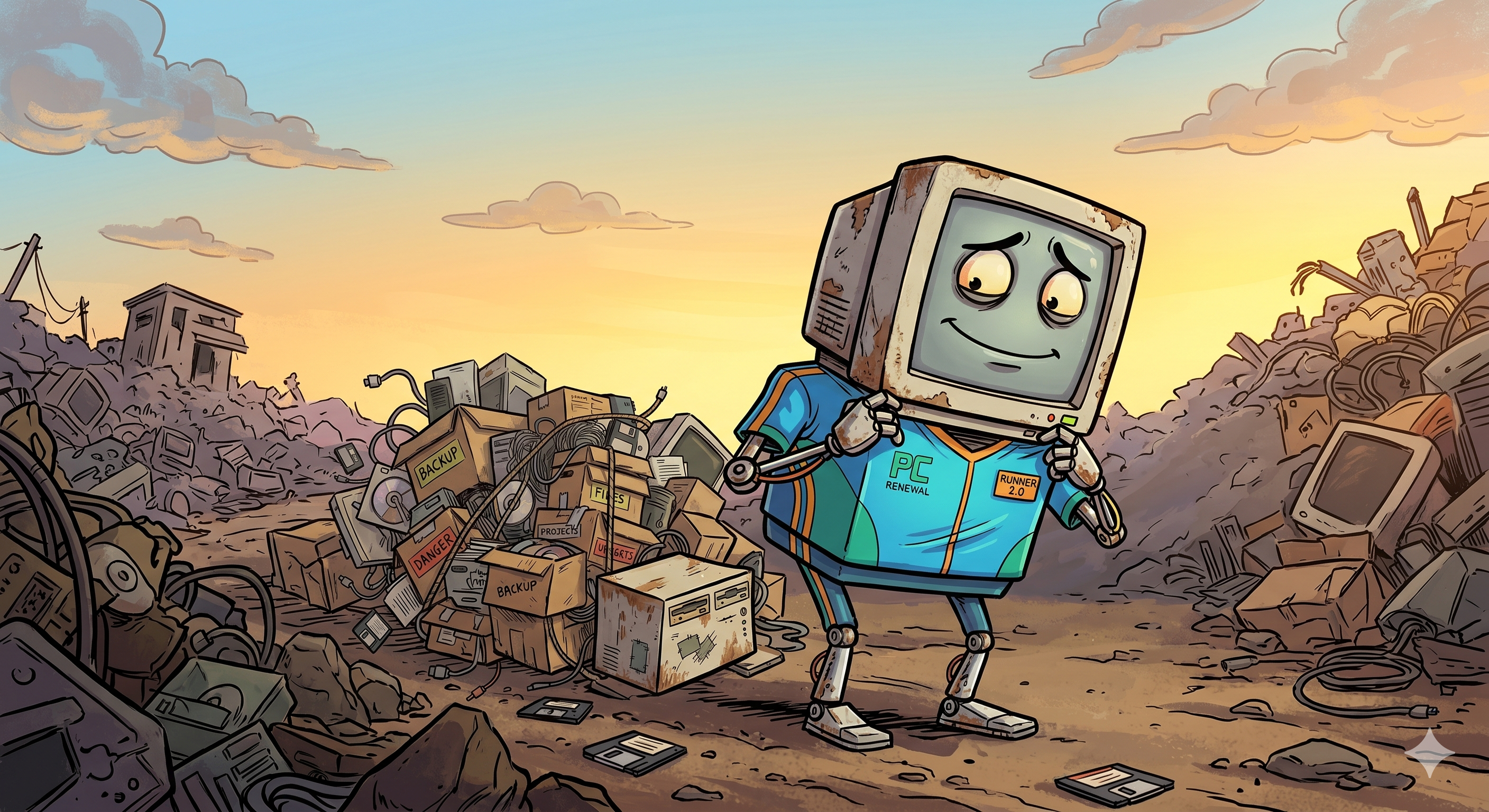 重い荷物を捨てる擬人化されたPC