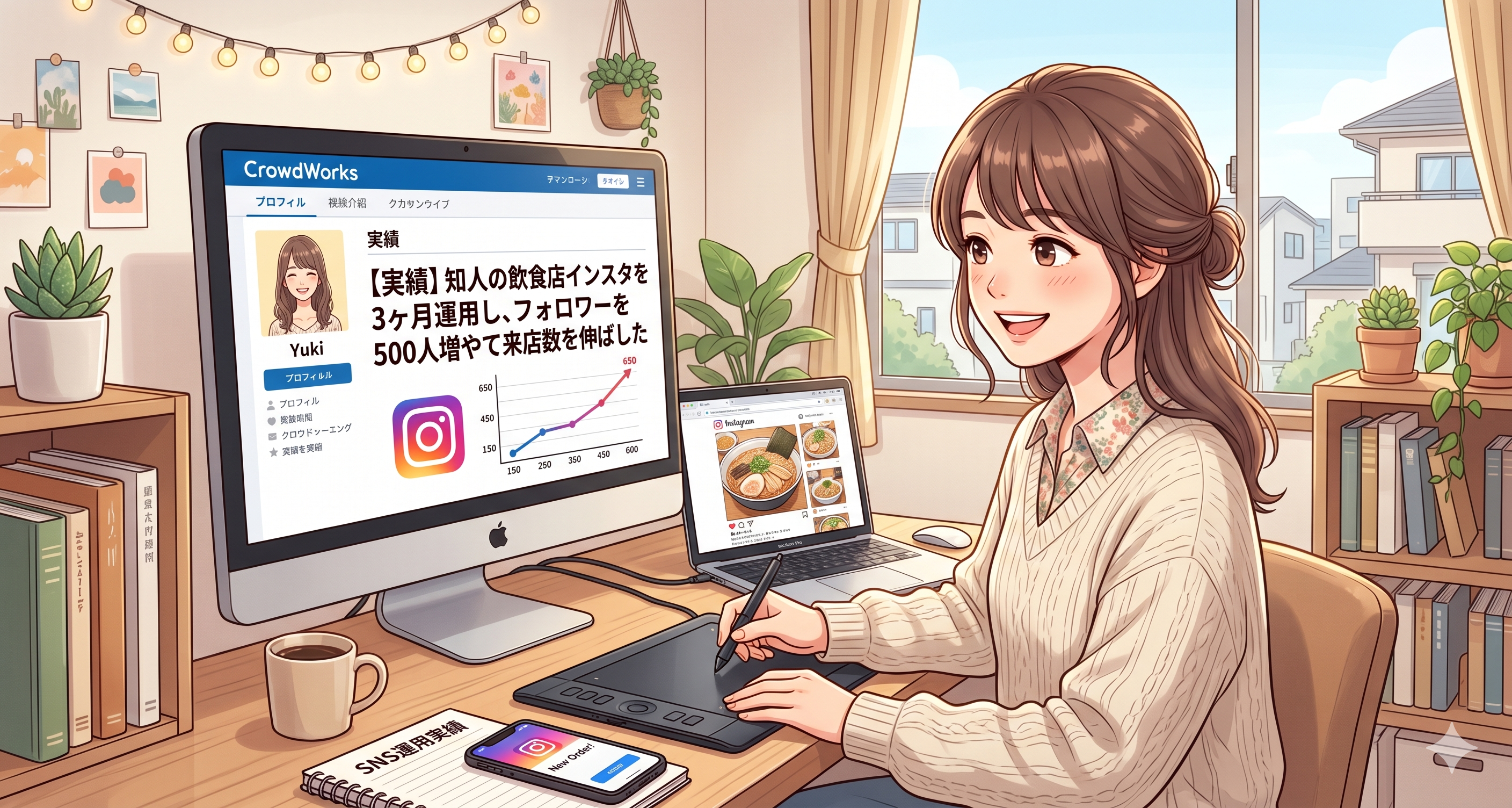 クラウドソーシングに実績を記載する女性