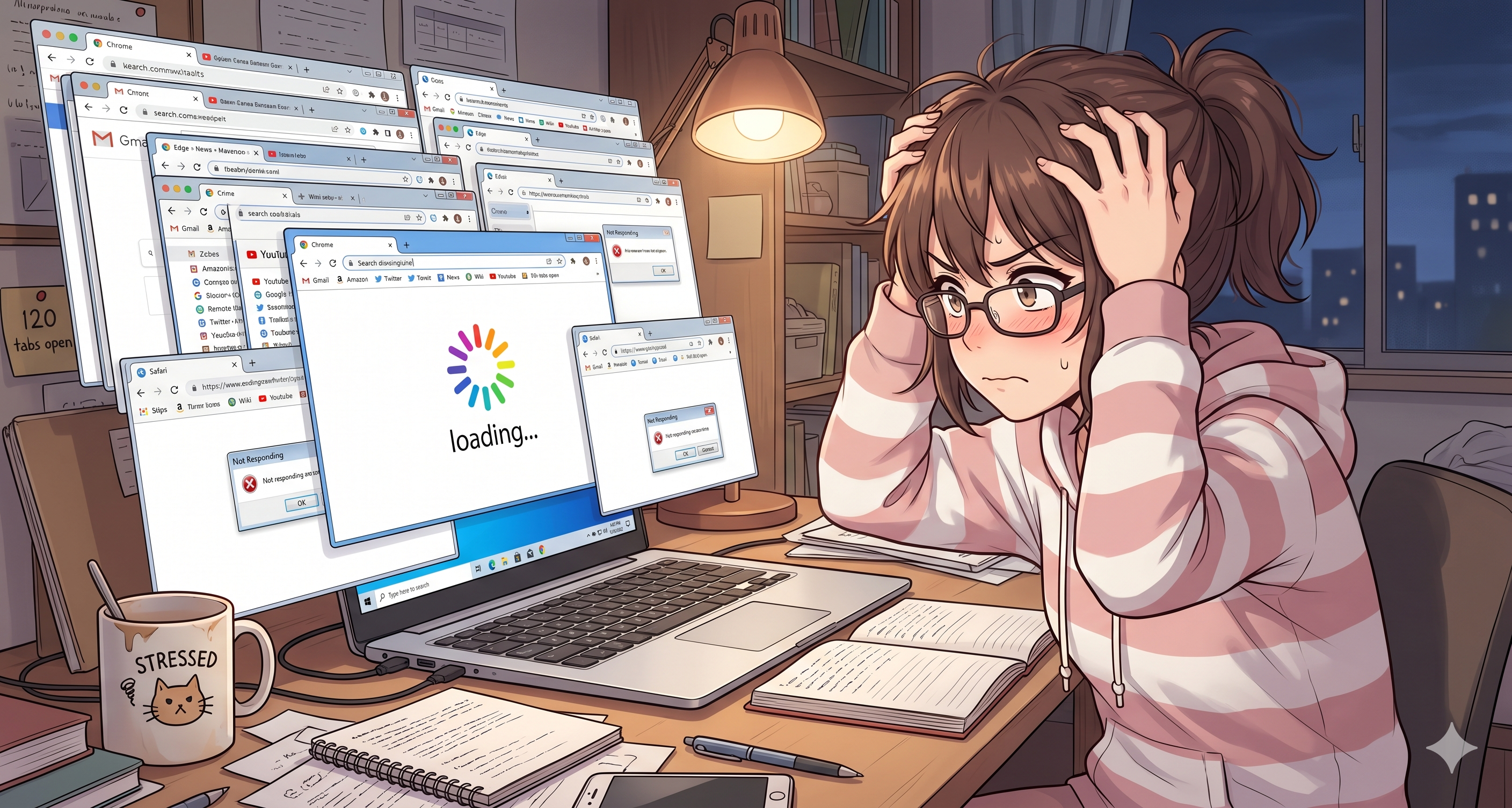 ブラウザを開きすぎてイライラする女性