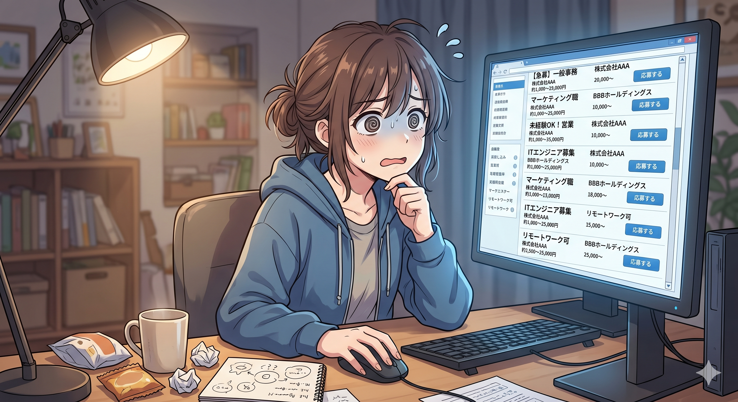 クラウドソーシングの画面を見ながら自分に合う仕事が見つからず悩む初心者