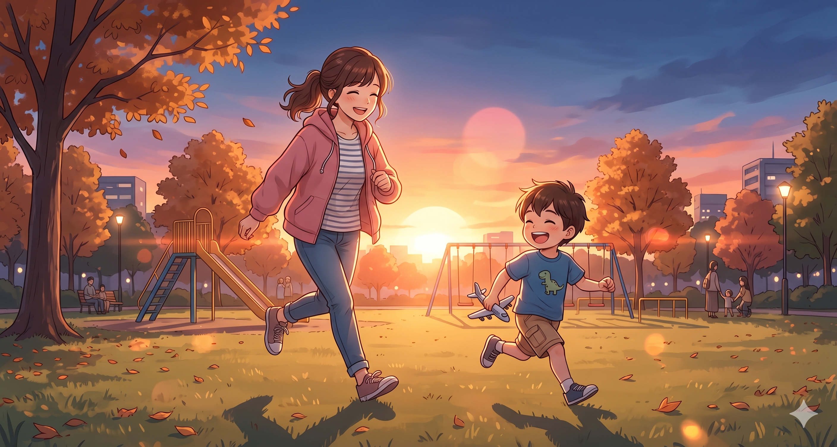 夕方に息子と遊ぶ女性