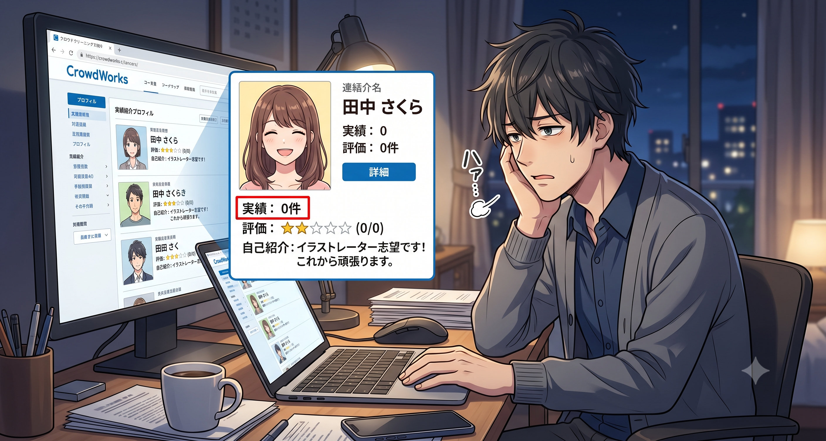 女性の実績を見てため息を吐く男性