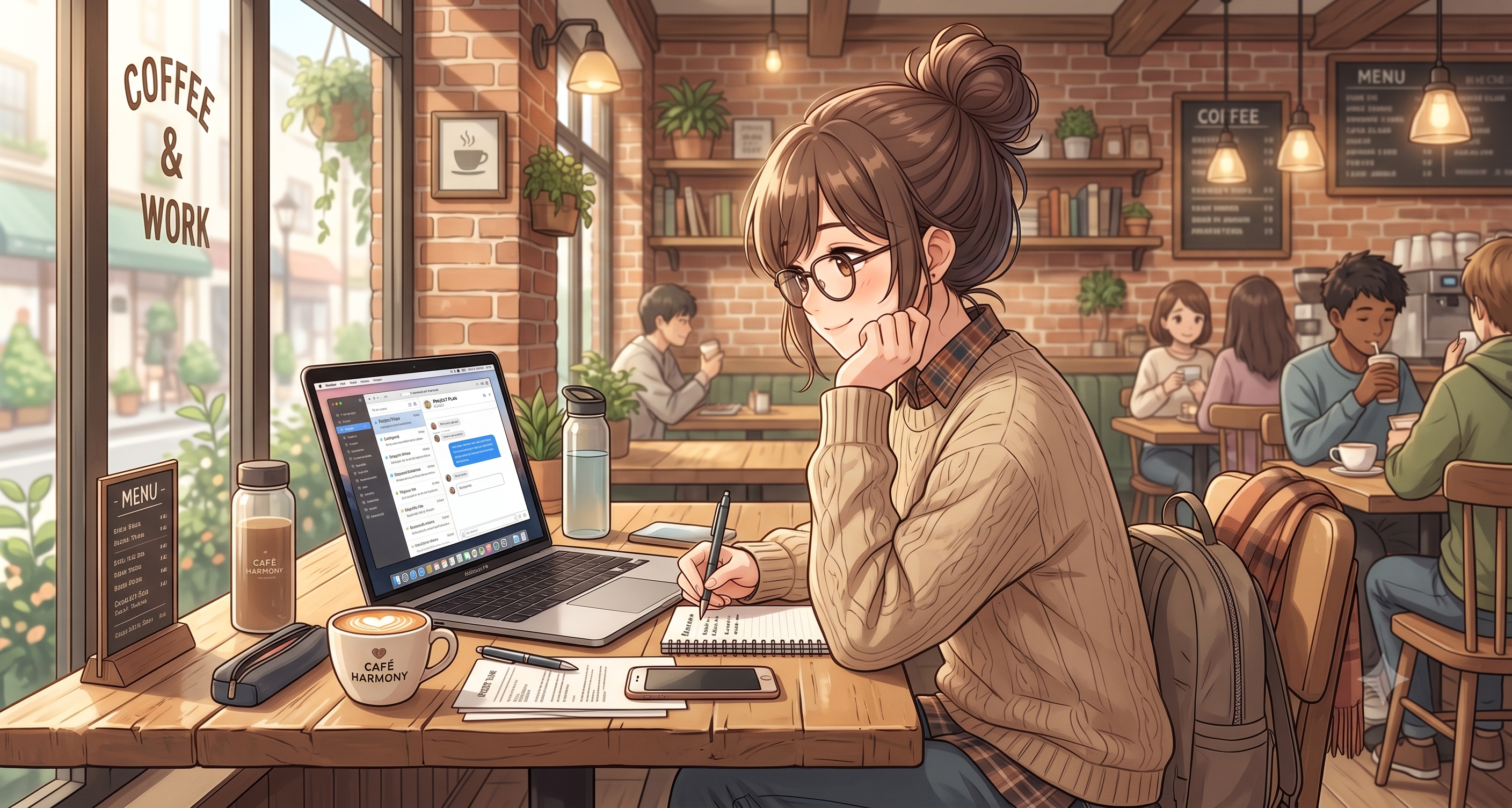 カフェで仕事する女性