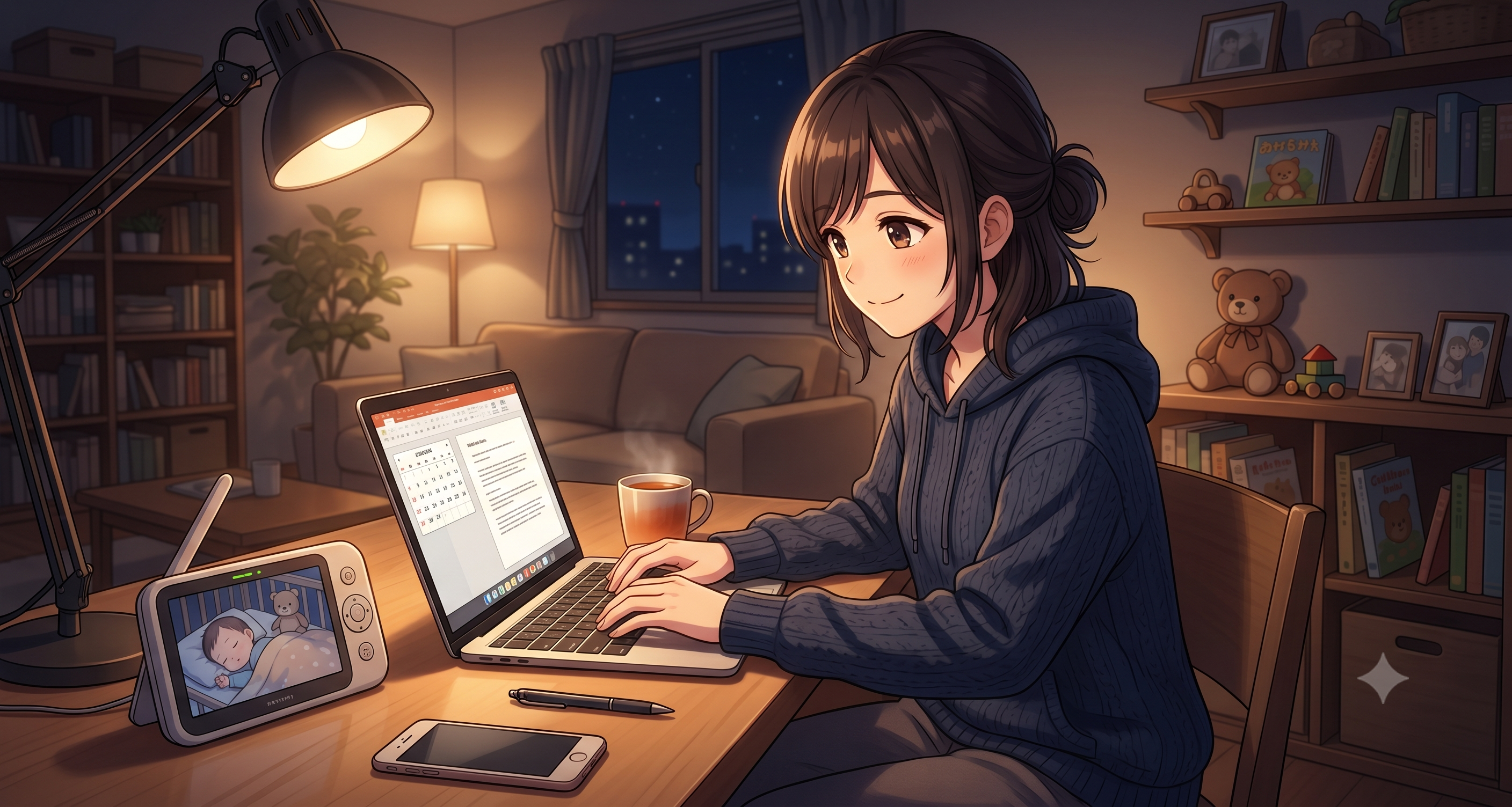 子供をテレビ越しに見守りながら作業する女性