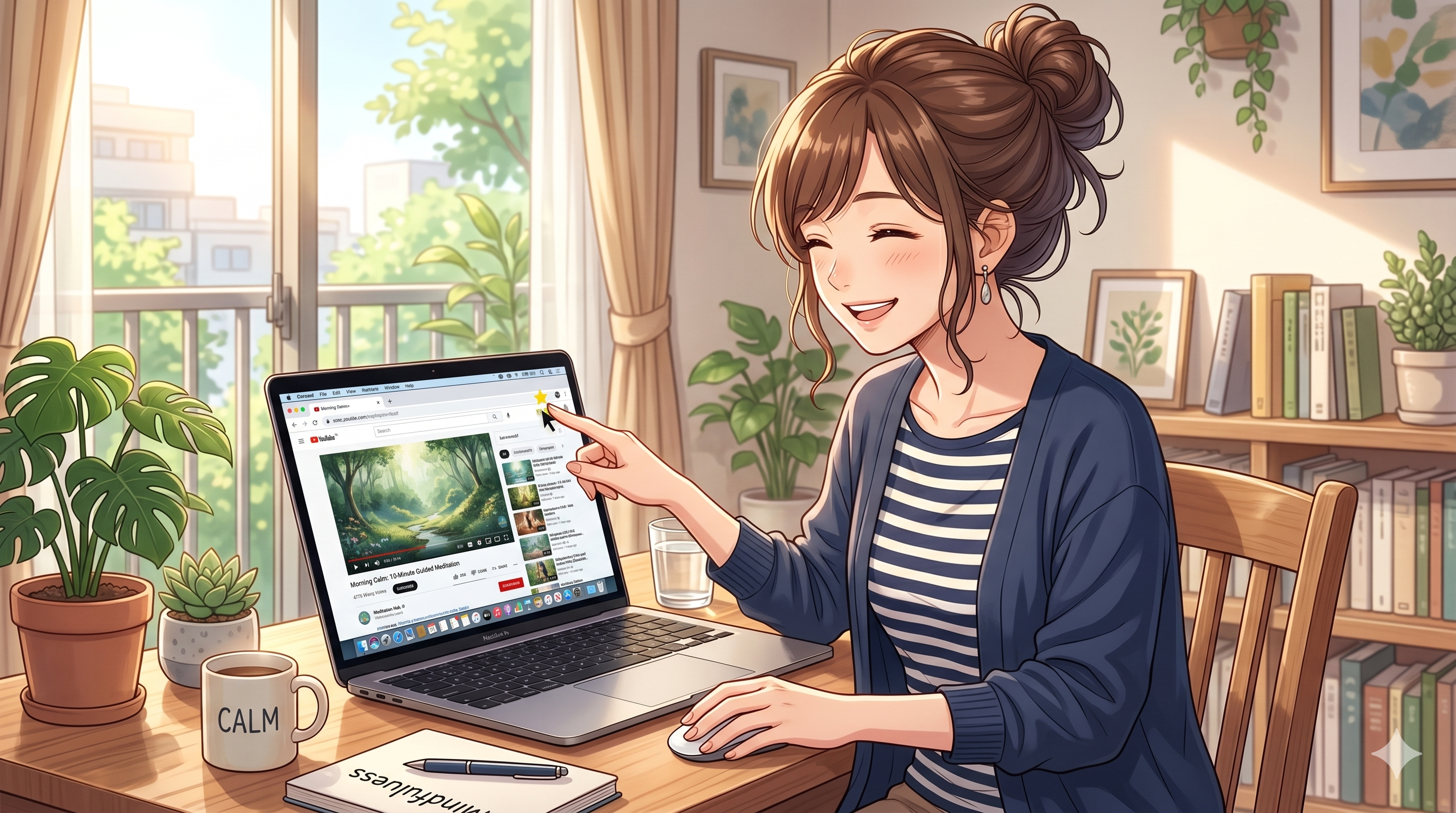 お気に入りの動画をブックマークする女性