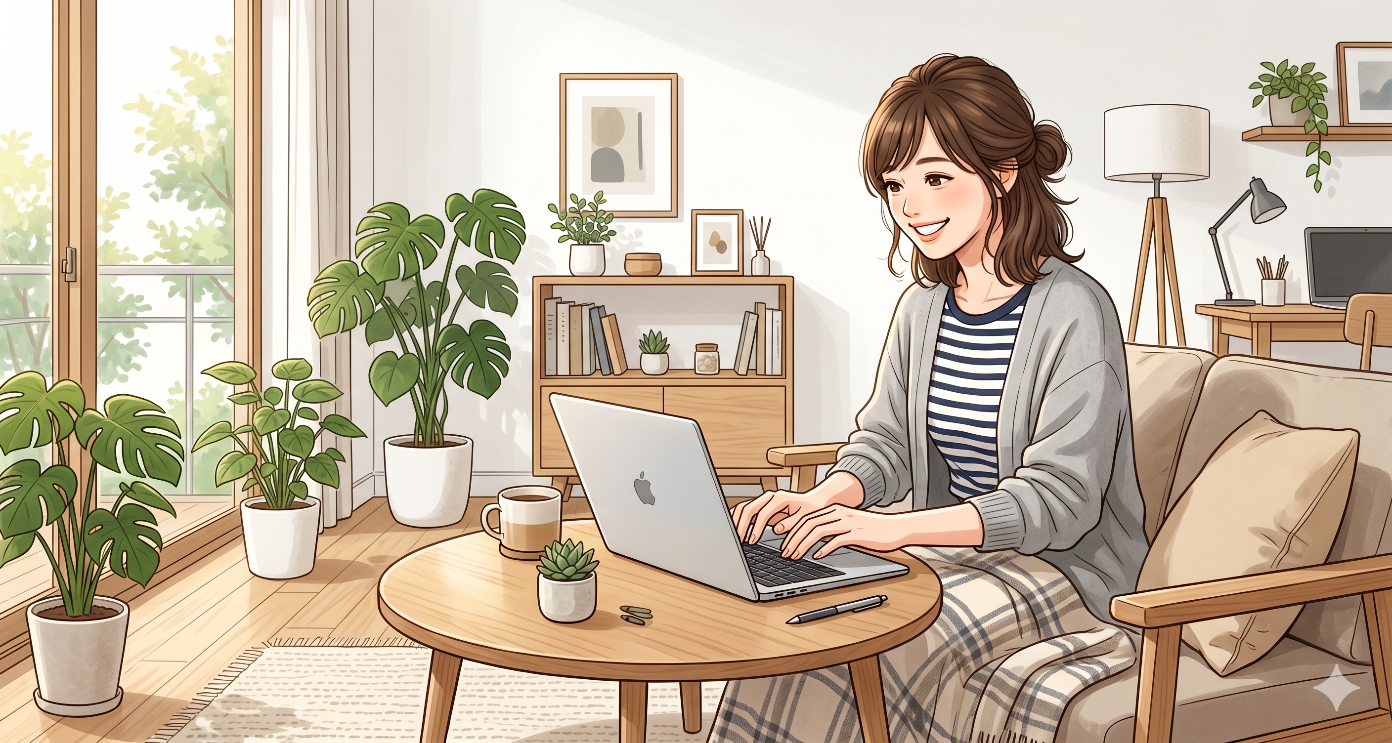 心身ともに余裕を持って、笑顔で在宅副業をこなすリラックスした女性