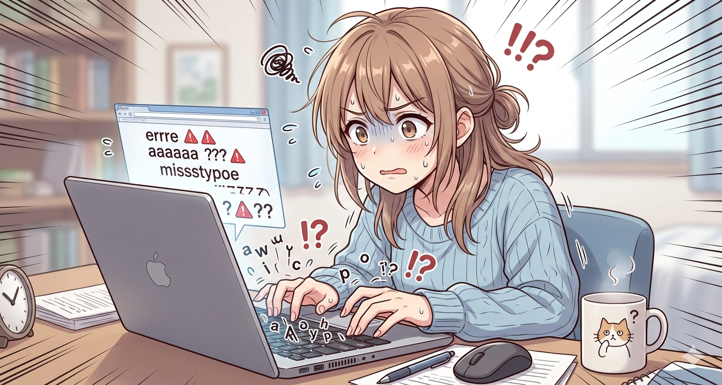 タイピングで困惑する女性