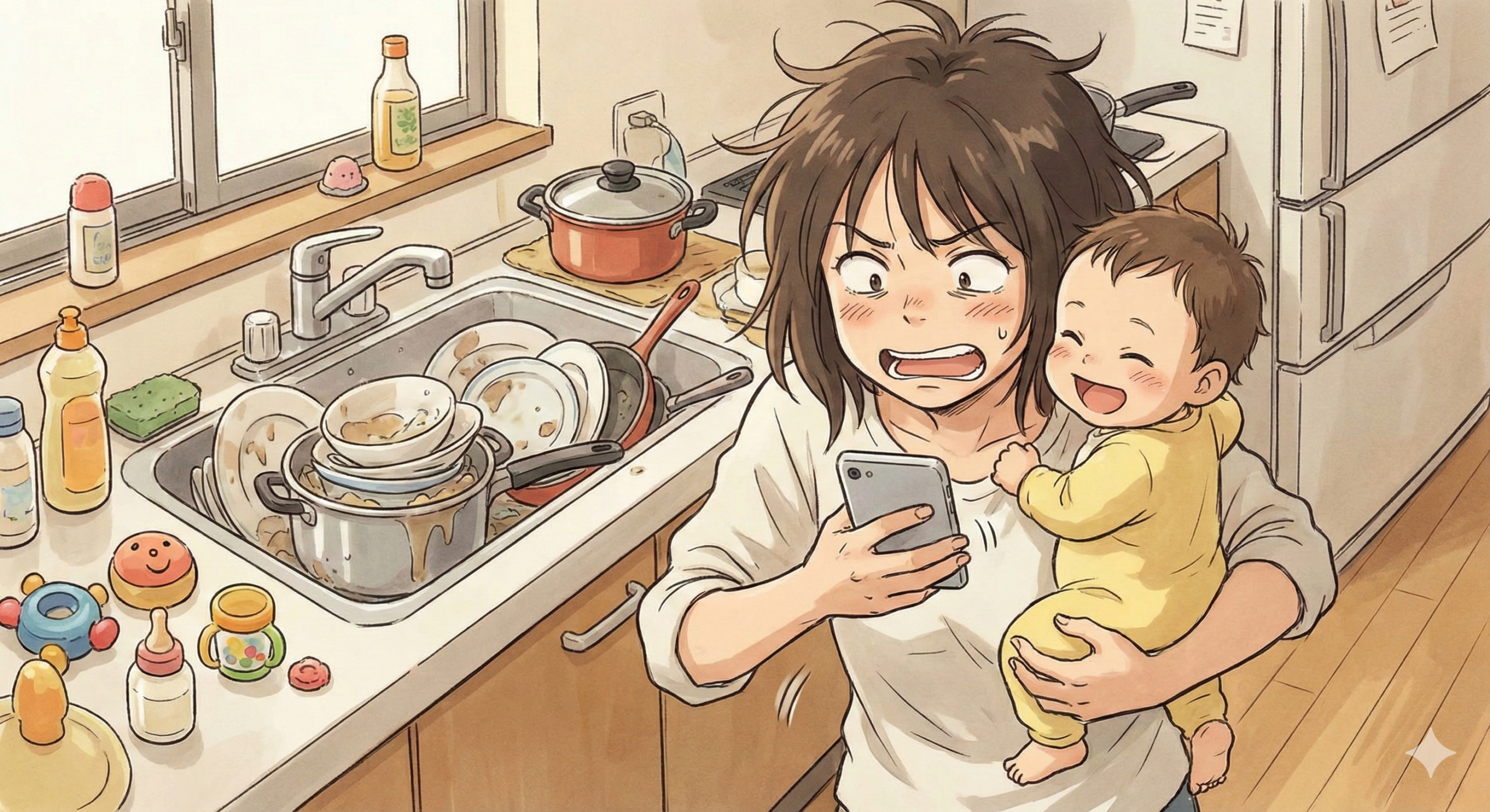 在宅ワークと育児の両立ができず、余裕をなくしている母親の姿