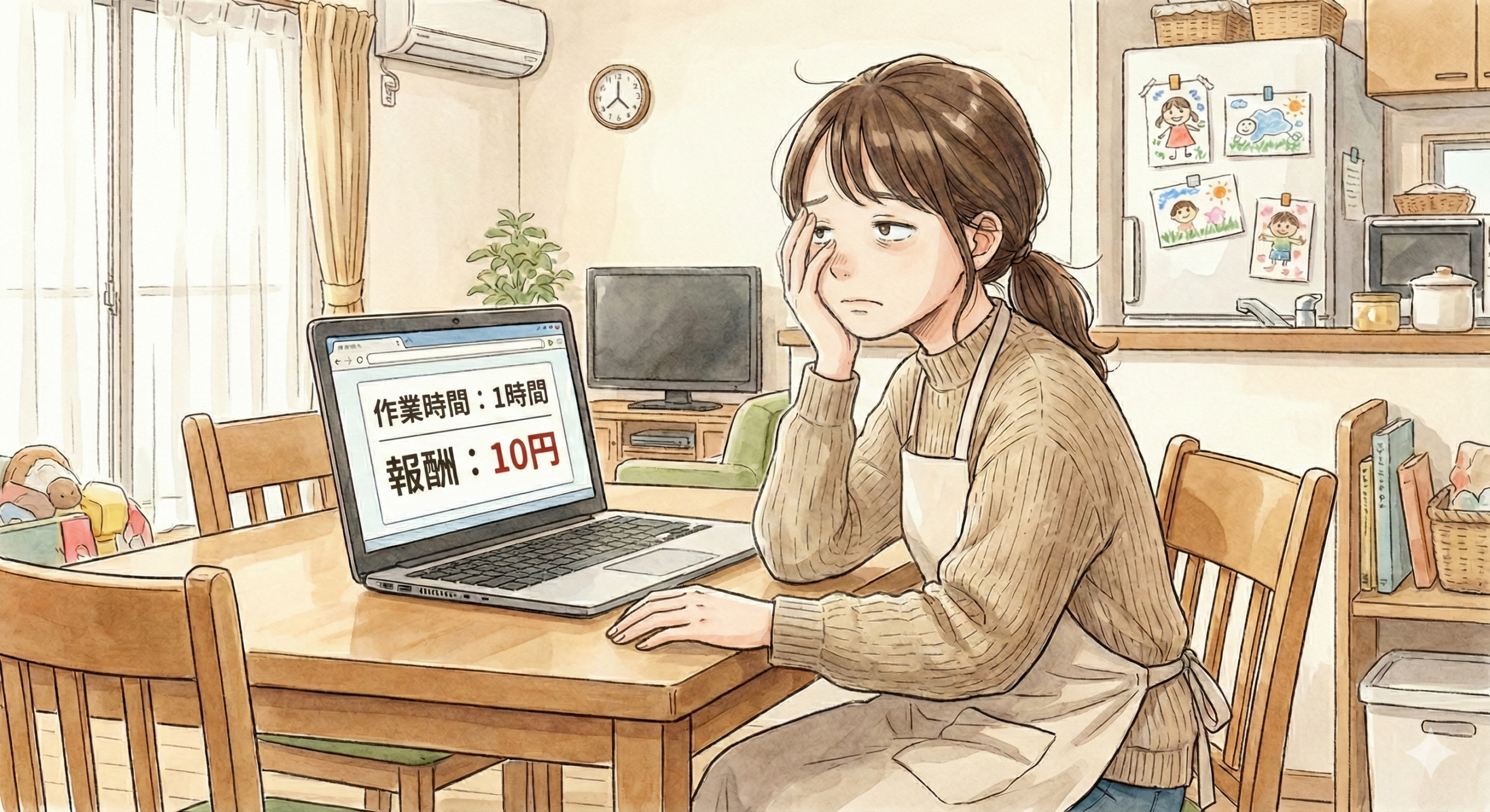 作業時間に見合わない金額に愕然とする女性のイラスト