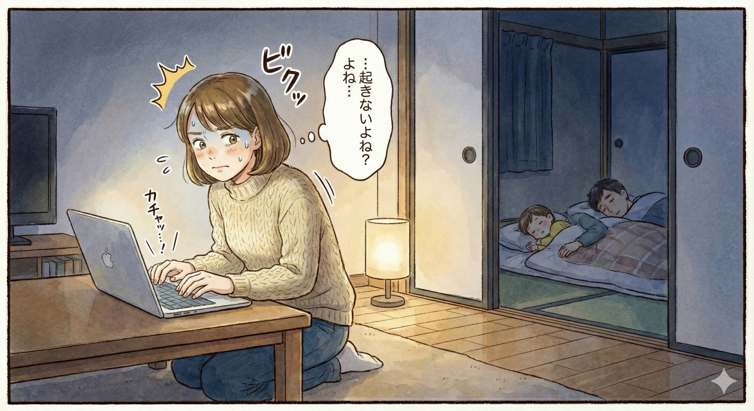 キーボードを打つたびにビクビクする女性のイラスト