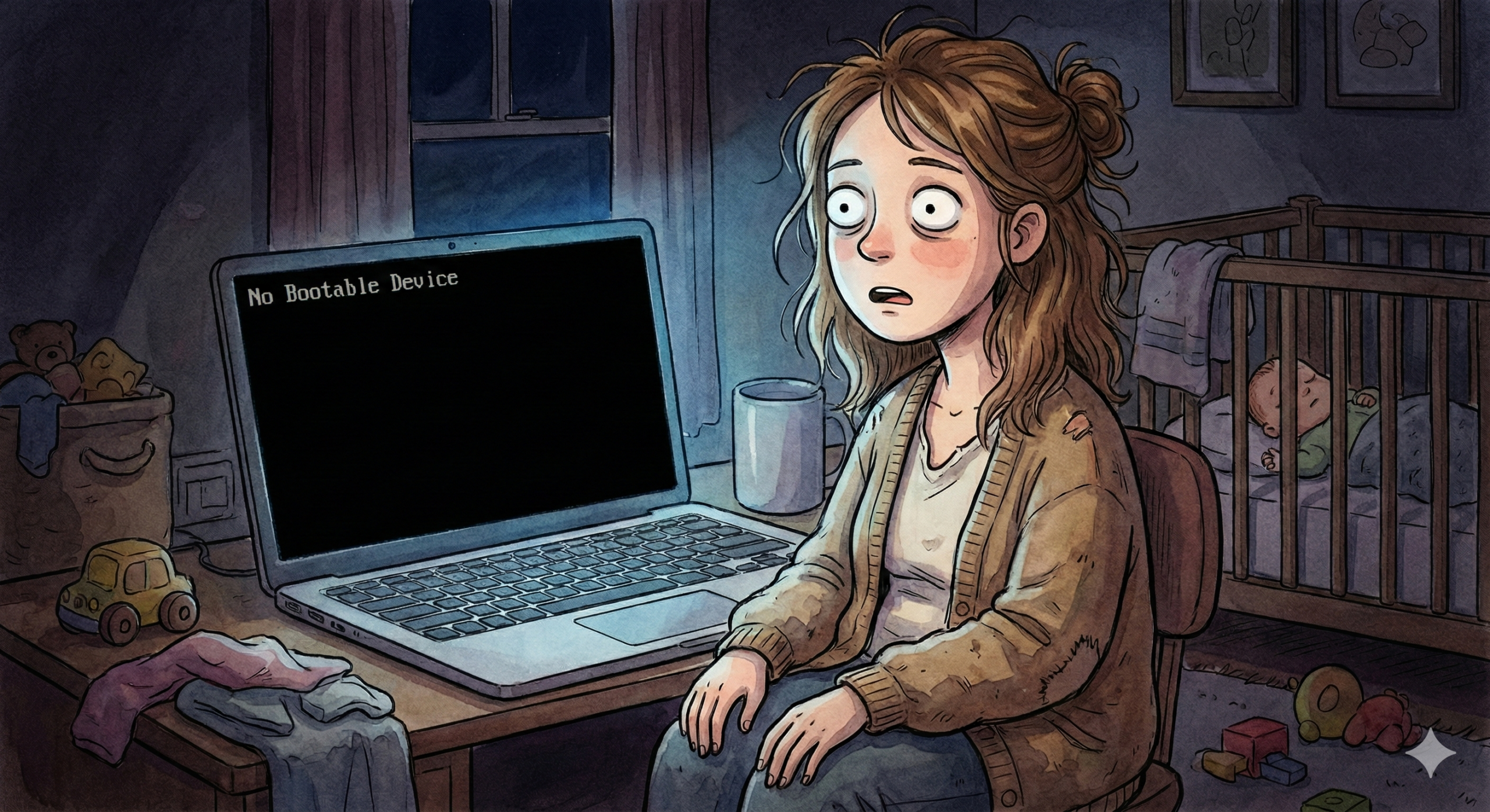 深夜のPCトラブルで絶望する在宅ワーカーの女性