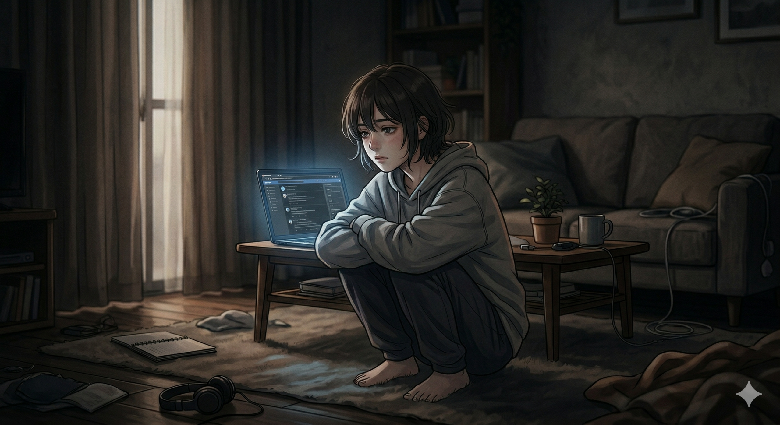 部屋着のまま、真っ暗な部屋で