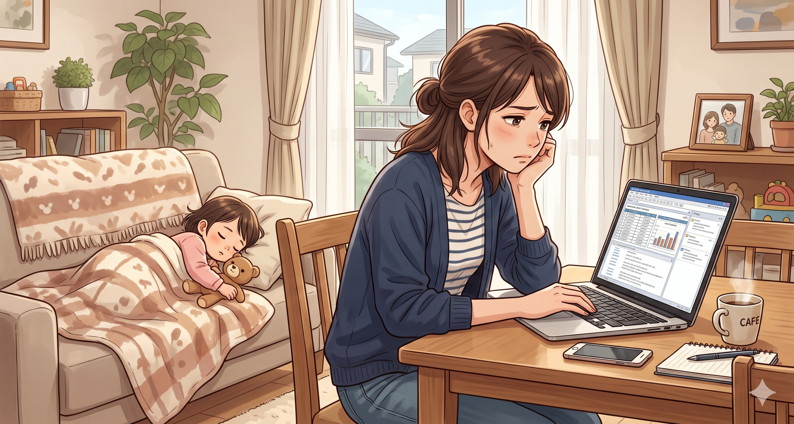 在宅副業を始めたばかりで、不安と緊張から肩をすくめてパソコンに向かう女性